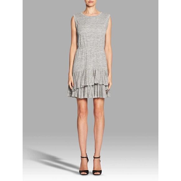 Rebecca Taylor Gray tiered ruffle hem Linen Sleeveless mini dress size Medium - Picture 1 of 6